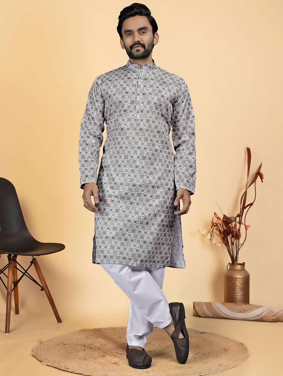 men printed mandarin neck long kurta