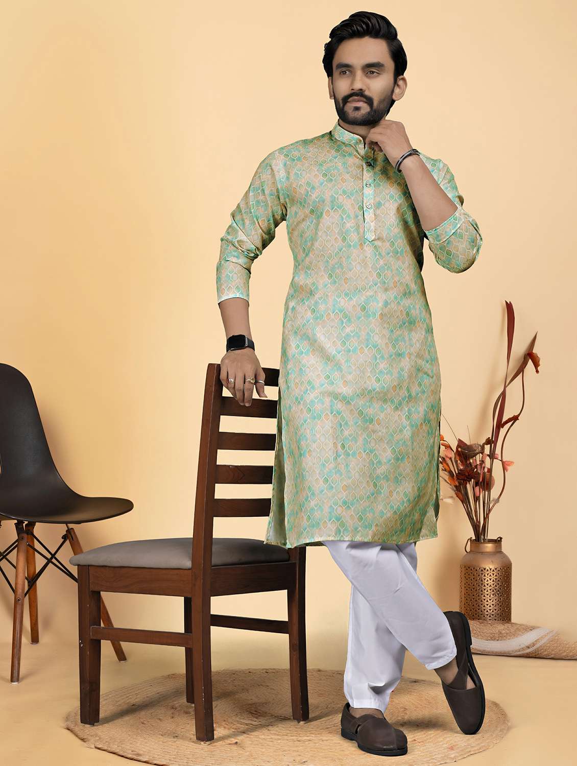 men printed mandarin neck long kurta