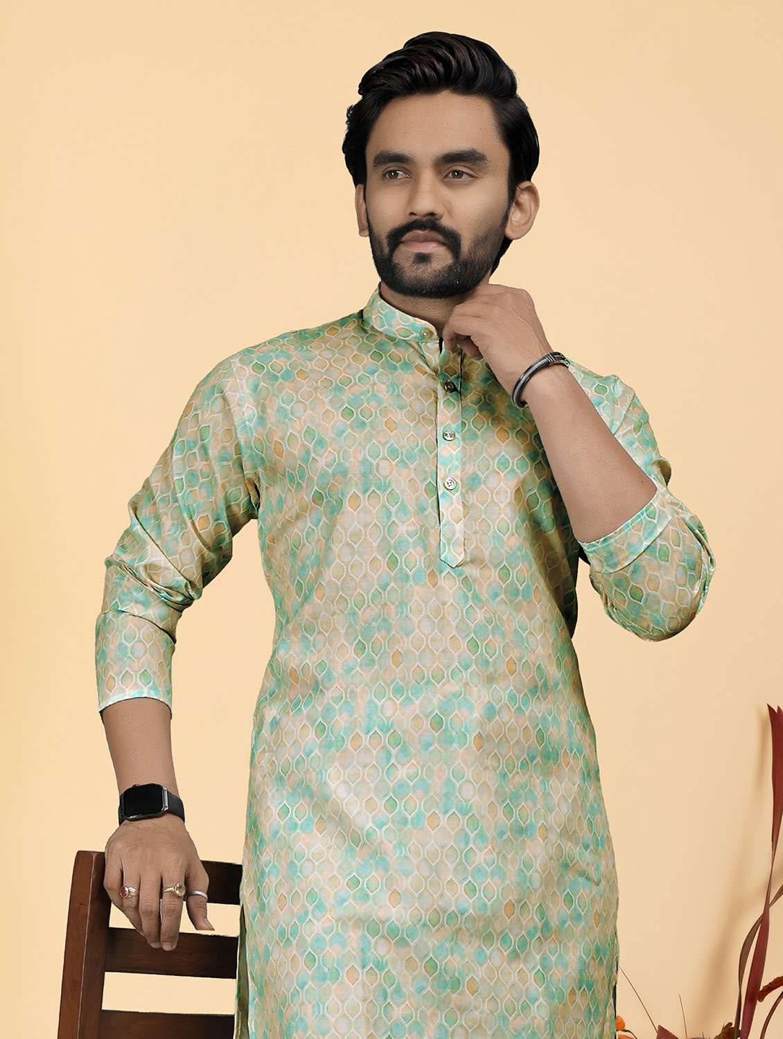 men printed mandarin neck long kurta - 22286442 -  Standard Image - 3