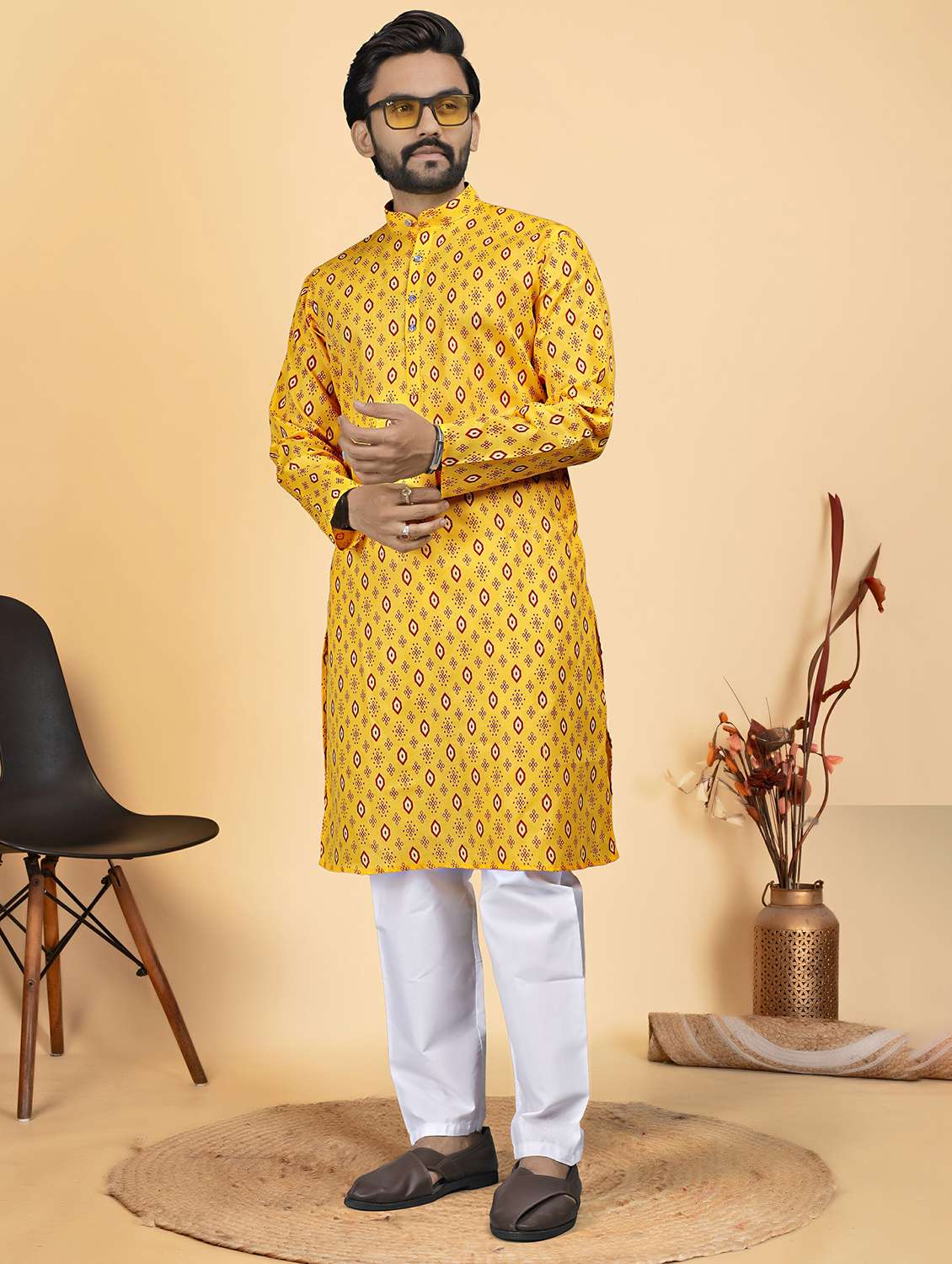men printed mandarin neck long kurta