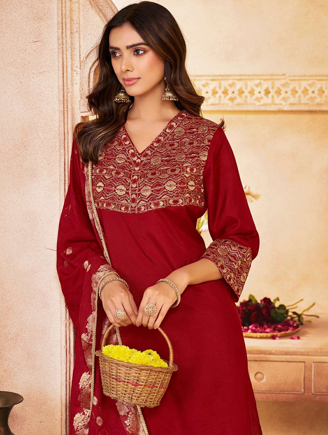 women solid with work three quarter sleeve kurta pant with dupatta set - 22286469 -  Standard Image - 3