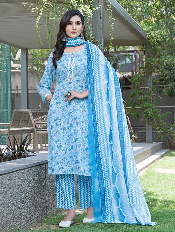 women printed three quarter sleeve kurta pant with dupatta set
