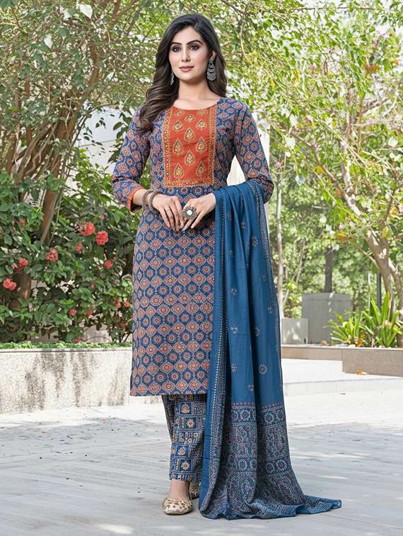 women printed three quarter sleeve kurta pant with dupatta set