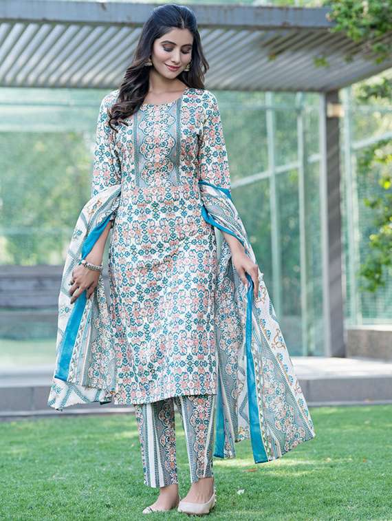 women printed three quarter sleeve kurta pant with dupatta set