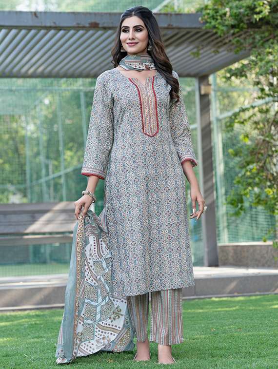 women printed three quarter sleeve kurta pant with dupatta set - 22286491 -  Standard Image - 3