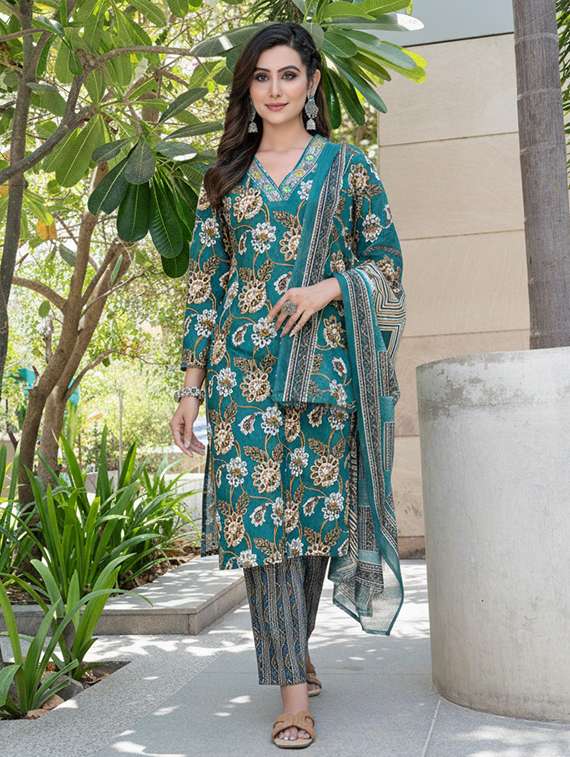 women printed three quarter sleeve kurta pant with dupatta set