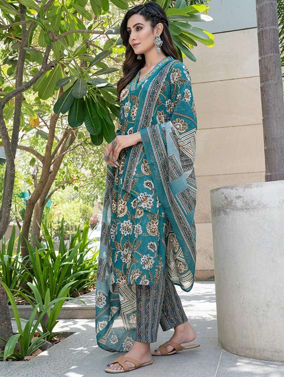 women printed three quarter sleeve kurta pant with dupatta set - 22286494 -  Standard Image - 3