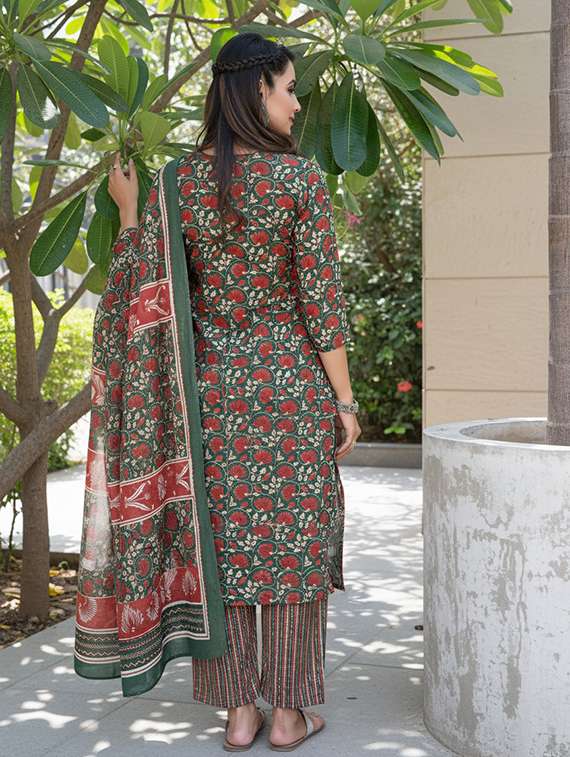 women printed three quarter sleeve kurta pant with dupatta set - 22286497 -  Standard Image - 3