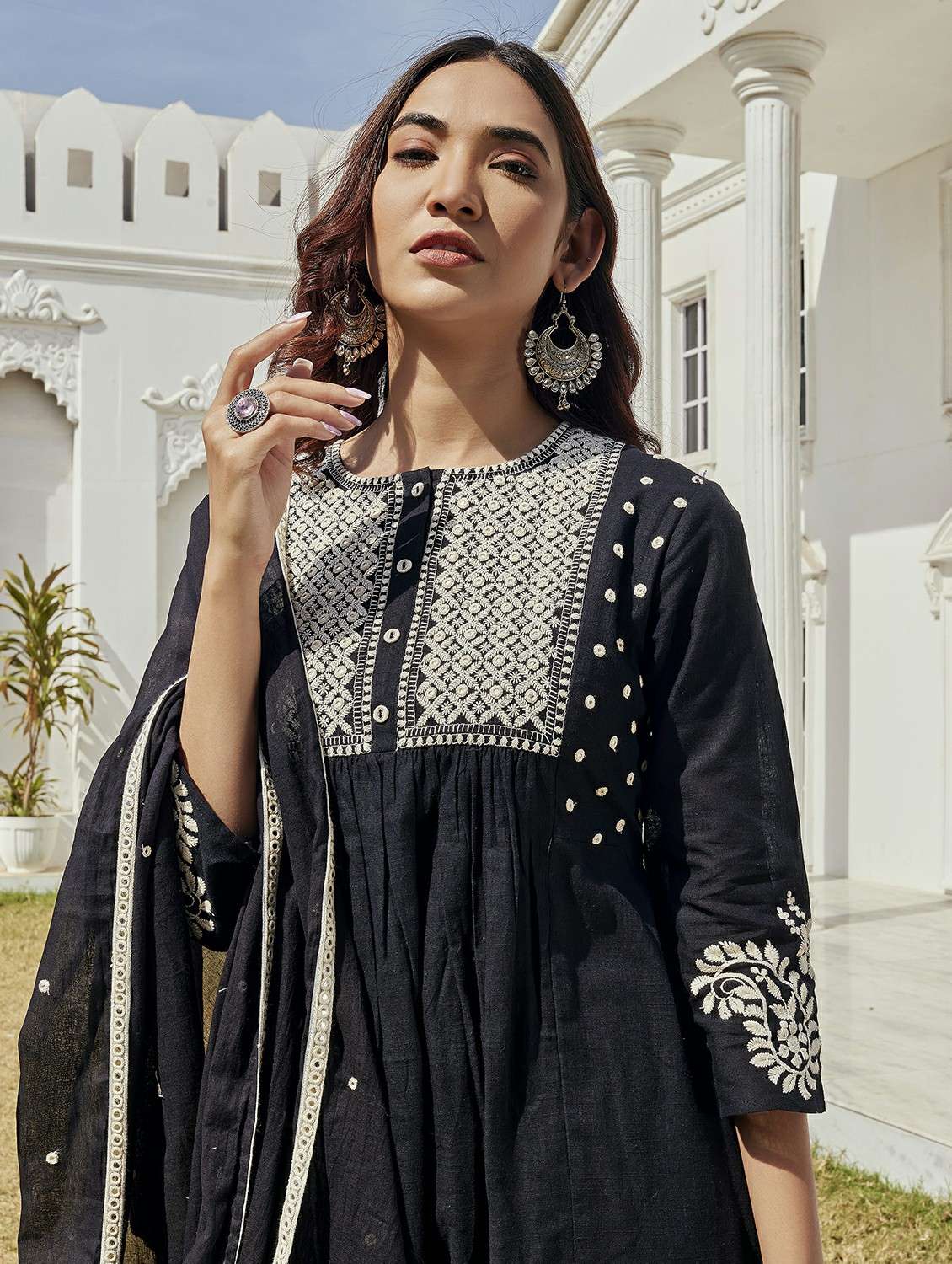 Women Solid With Work Three Quarter Sleeve Kurta Pant With Dupatta Set - 22286499 -  Standard Image - 3