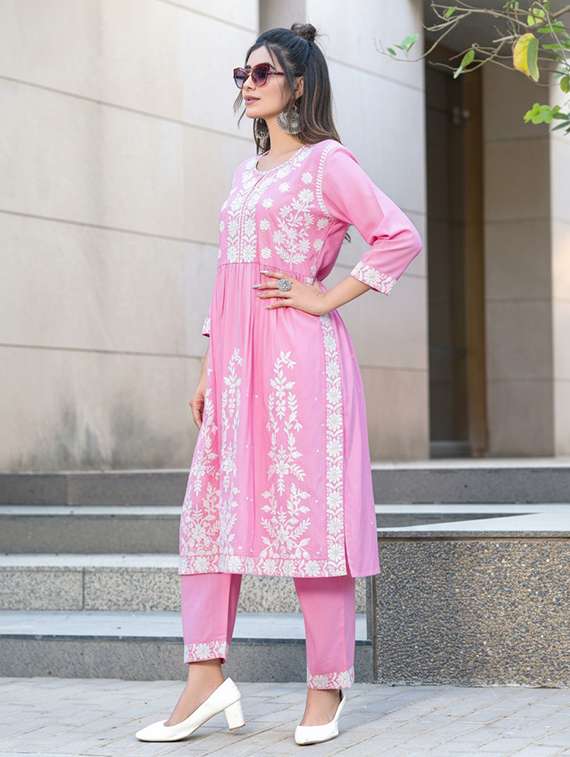 women solid with work three quarter sleeve kurta pant set - 22286501 -  Standard Image - 3