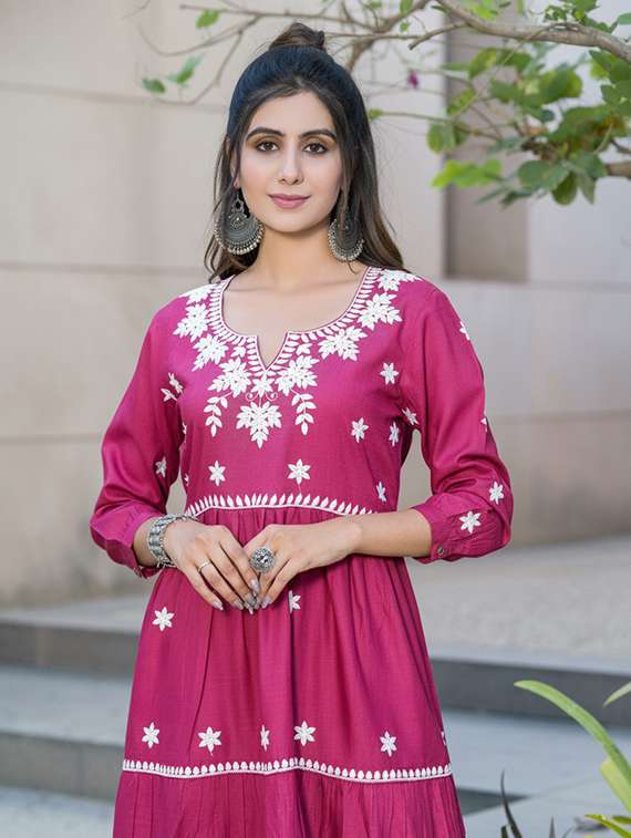 women solid with work three quarter sleeve kurta palazzo set - 22286503 -  Standard Image - 3