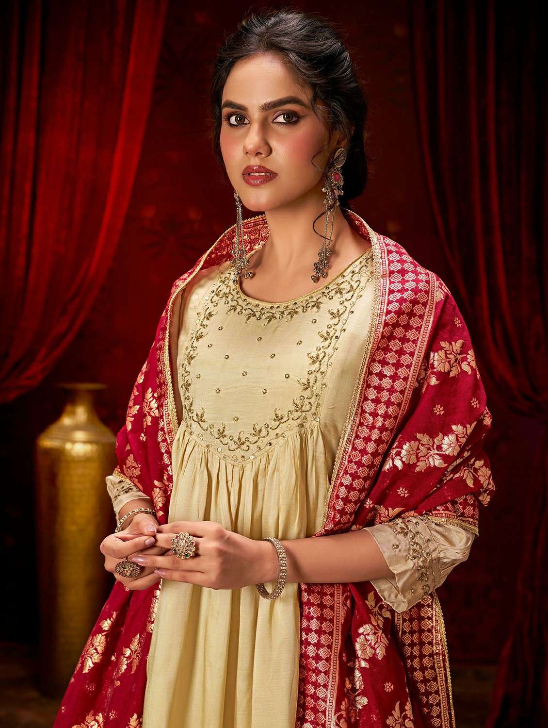 women solid with work three quarter sleeve kurta pant with dupatta set - 22286504 -  Standard Image - 3