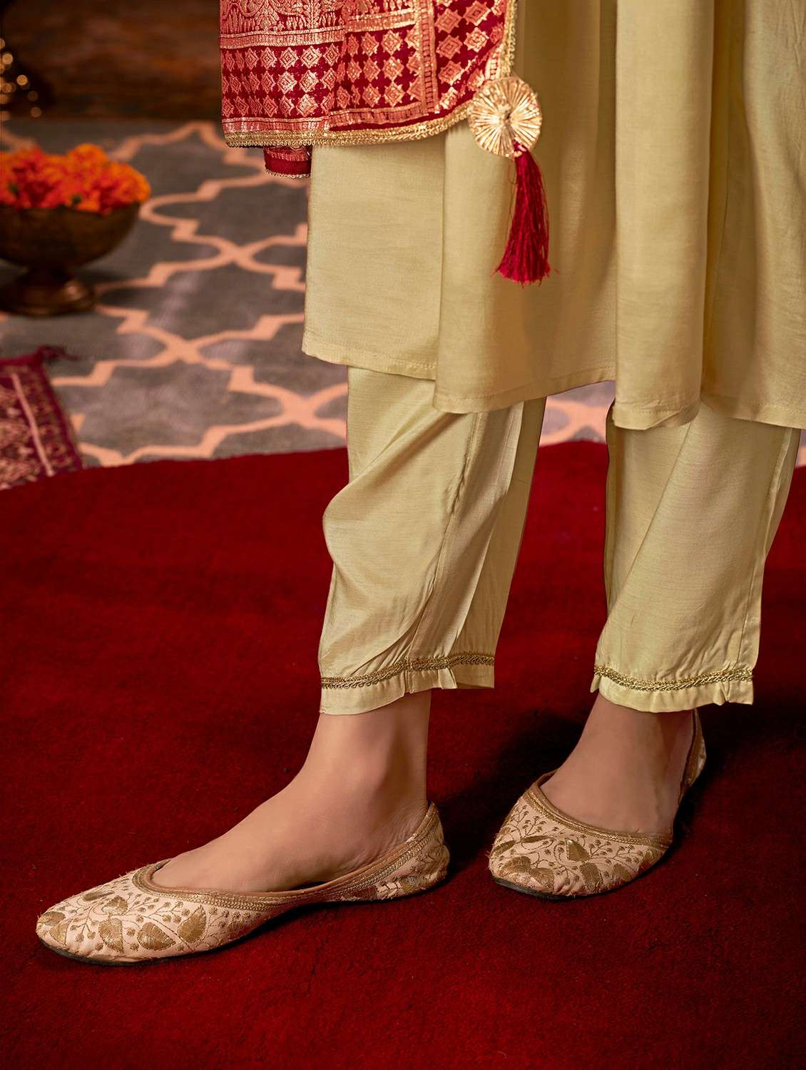 women solid with work three quarter sleeve kurta pant with dupatta set - 22286504 -  Standard Image - 5