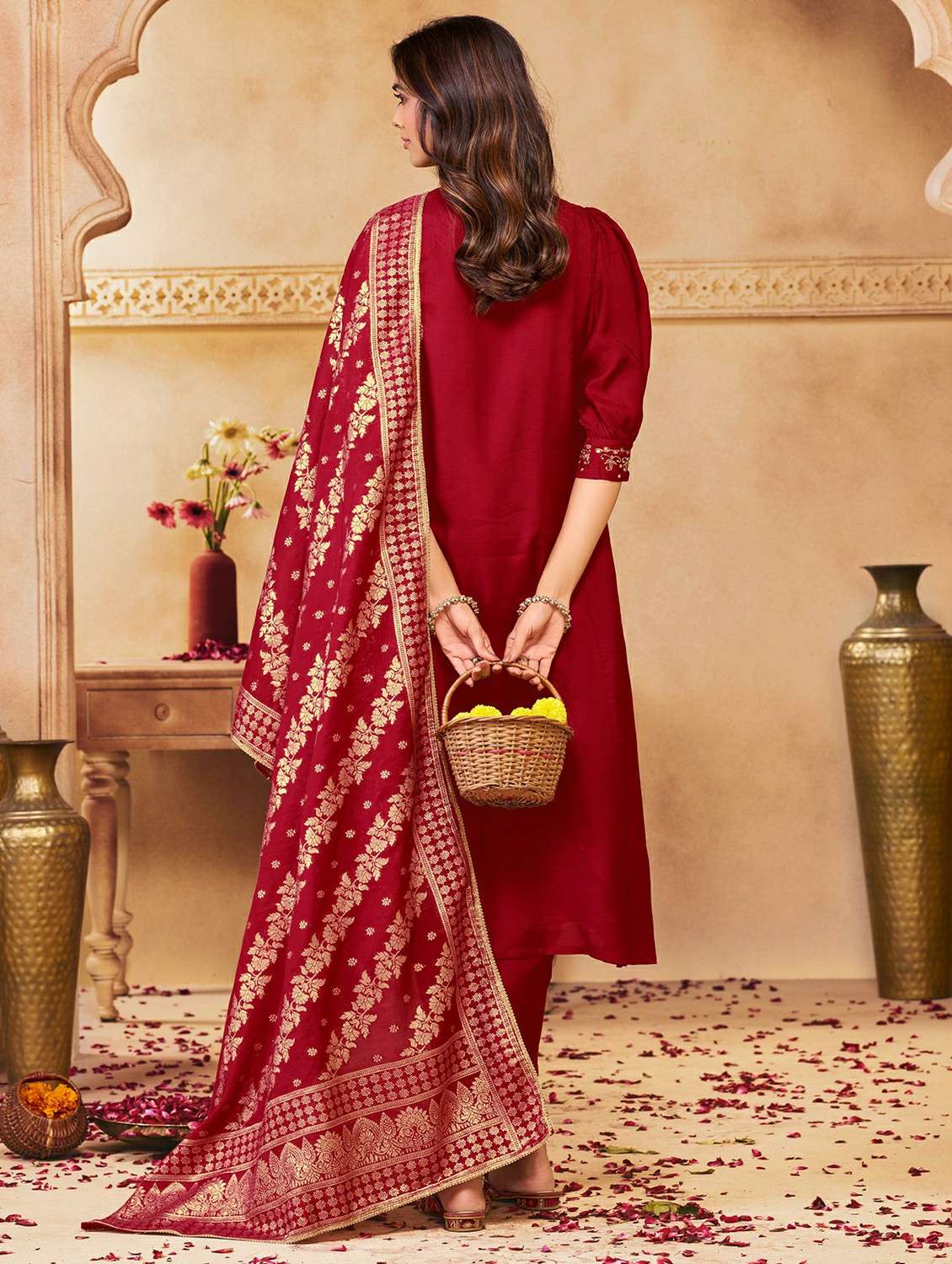 women solid with work three quarter sleeve kurta pant with dupatta set - 22286505 -  Standard Image - 3