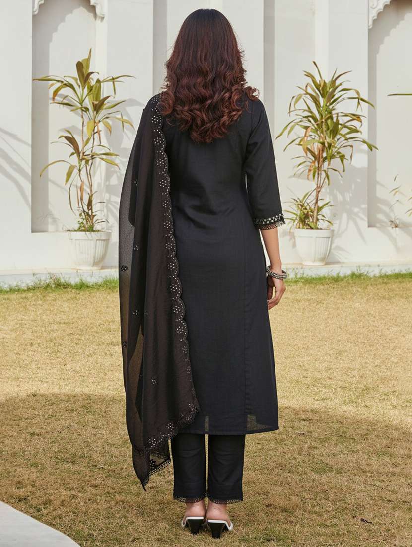 Women Solid With Work Three Quarter Sleeve Kurta Pant With Dupatta Set - 22286507 -  Standard Image - 3