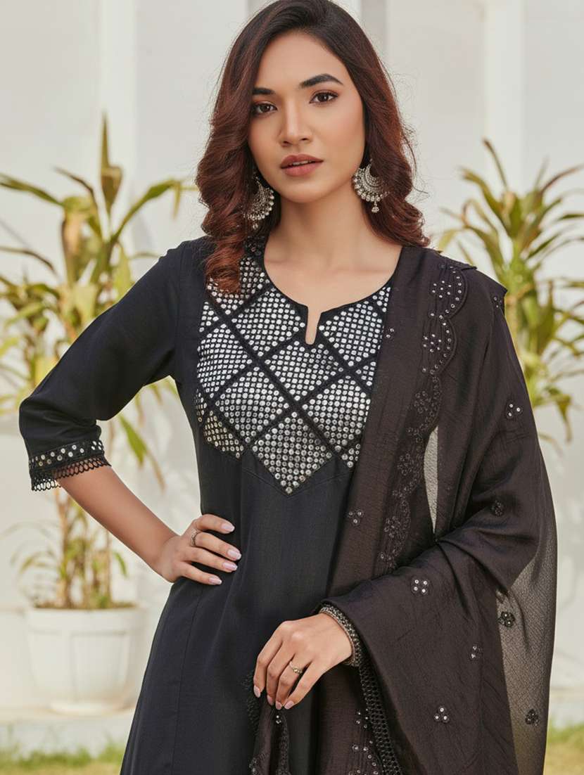 Women Solid With Work Three Quarter Sleeve Kurta Pant With Dupatta Set - 22286507 -  Standard Image - 5