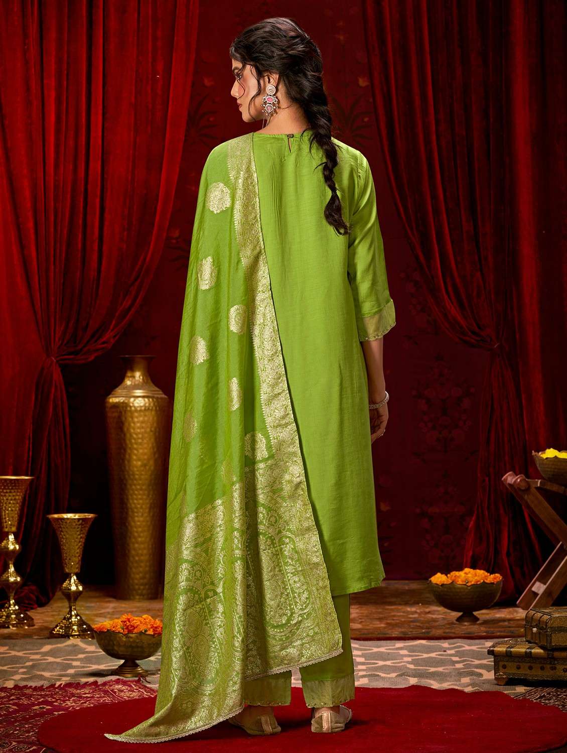 women solid with work three quarter sleeve kurta pant with dupatta set - 22286510 -  Standard Image - 3