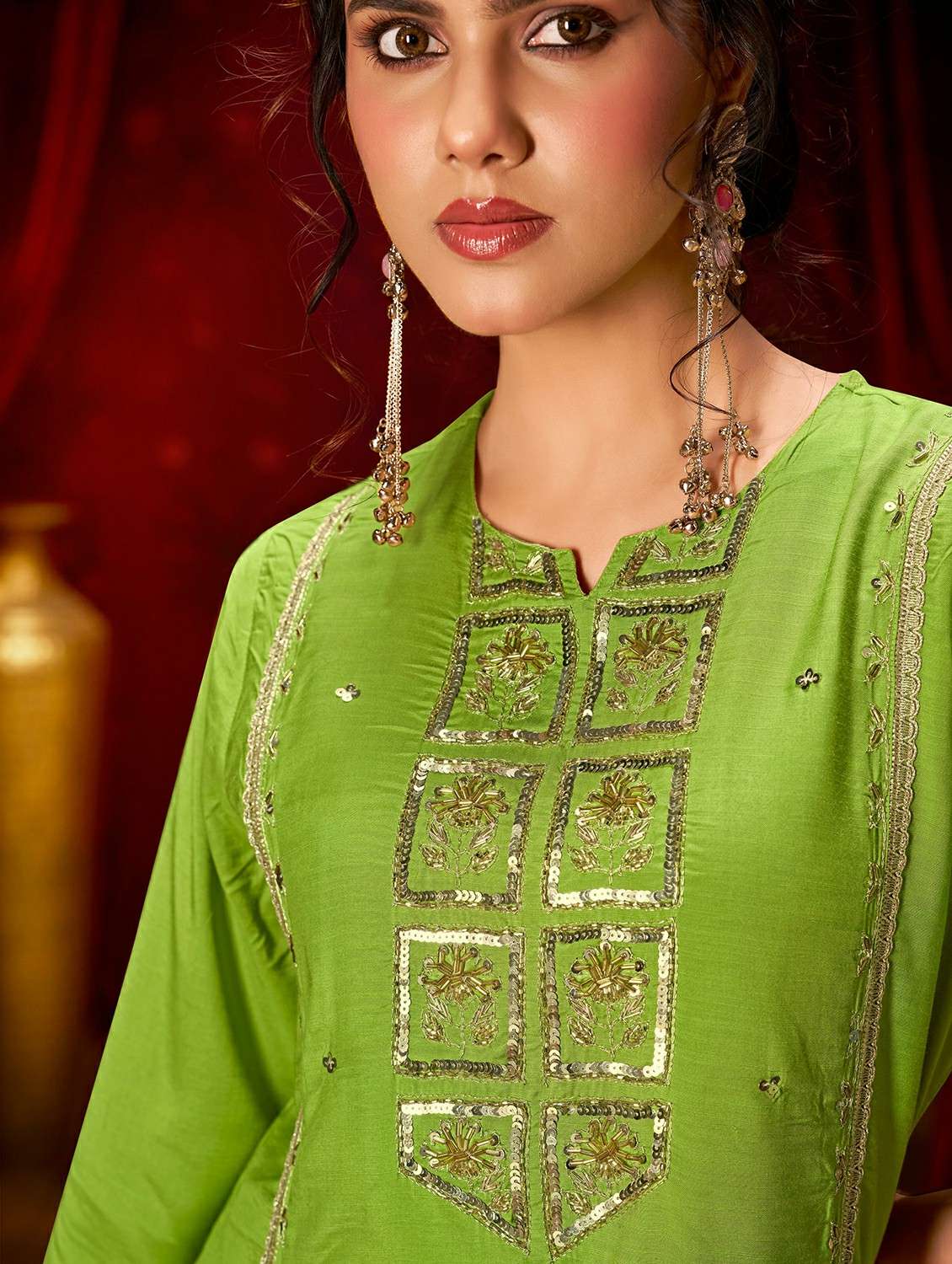 women solid with work three quarter sleeve kurta pant with dupatta set - 22286510 -  Standard Image - 5