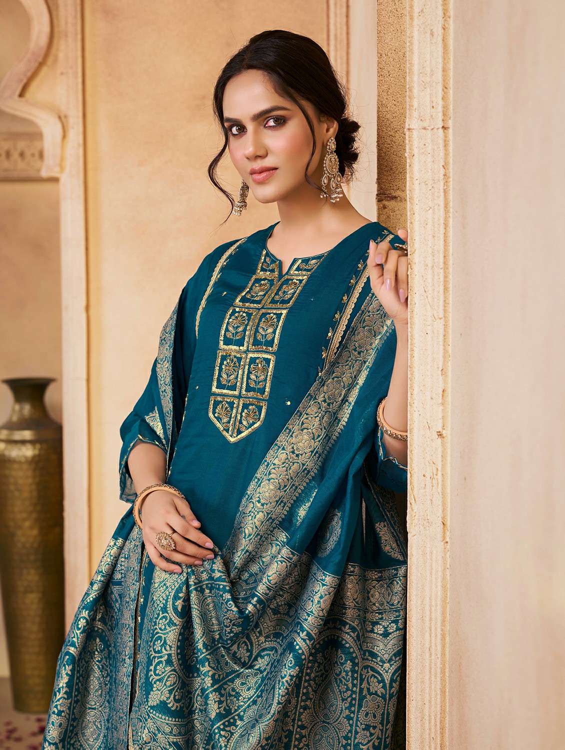 women solid with work three quarter sleeve kurta pant with dupatta set - 22286511 -  Standard Image - 3