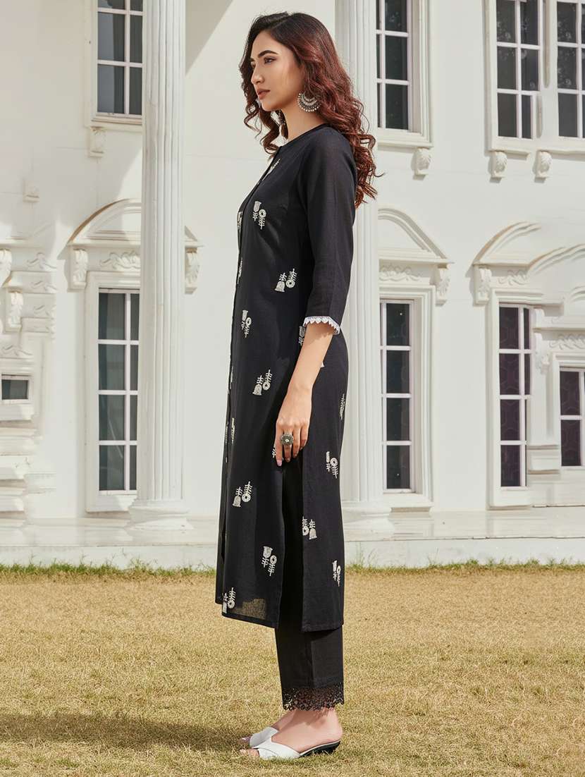 women solid with work three quarter sleeve kurta pant set - 22286512 -  Standard Image - 3