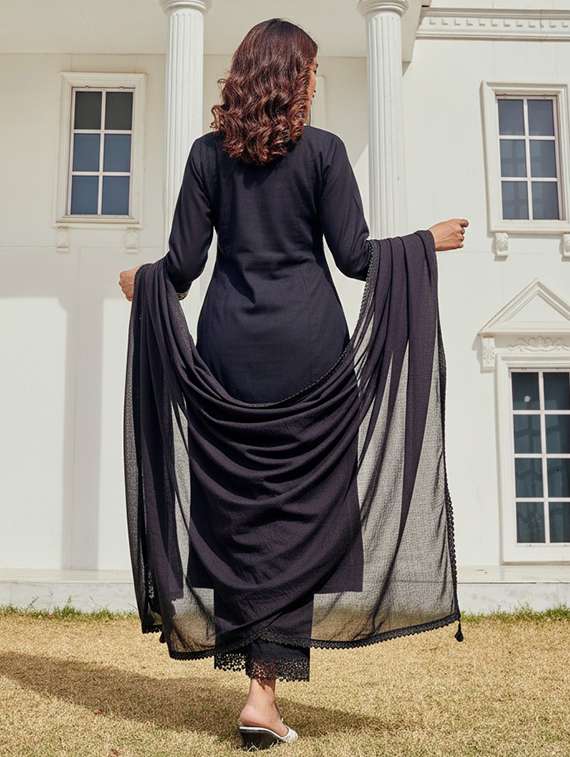 women solid with work three quarter sleeve kurta pant with dupatta set - 22286513 -  Standard Image - 3