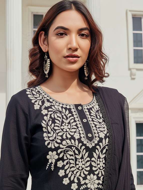 women solid with work three quarter sleeve kurta pant with dupatta set - 22286513 -  Standard Image - 5