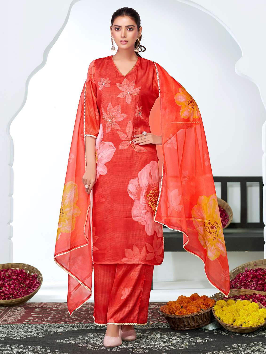 women floral three quarter sleeve kurta palazzo with dupatta set