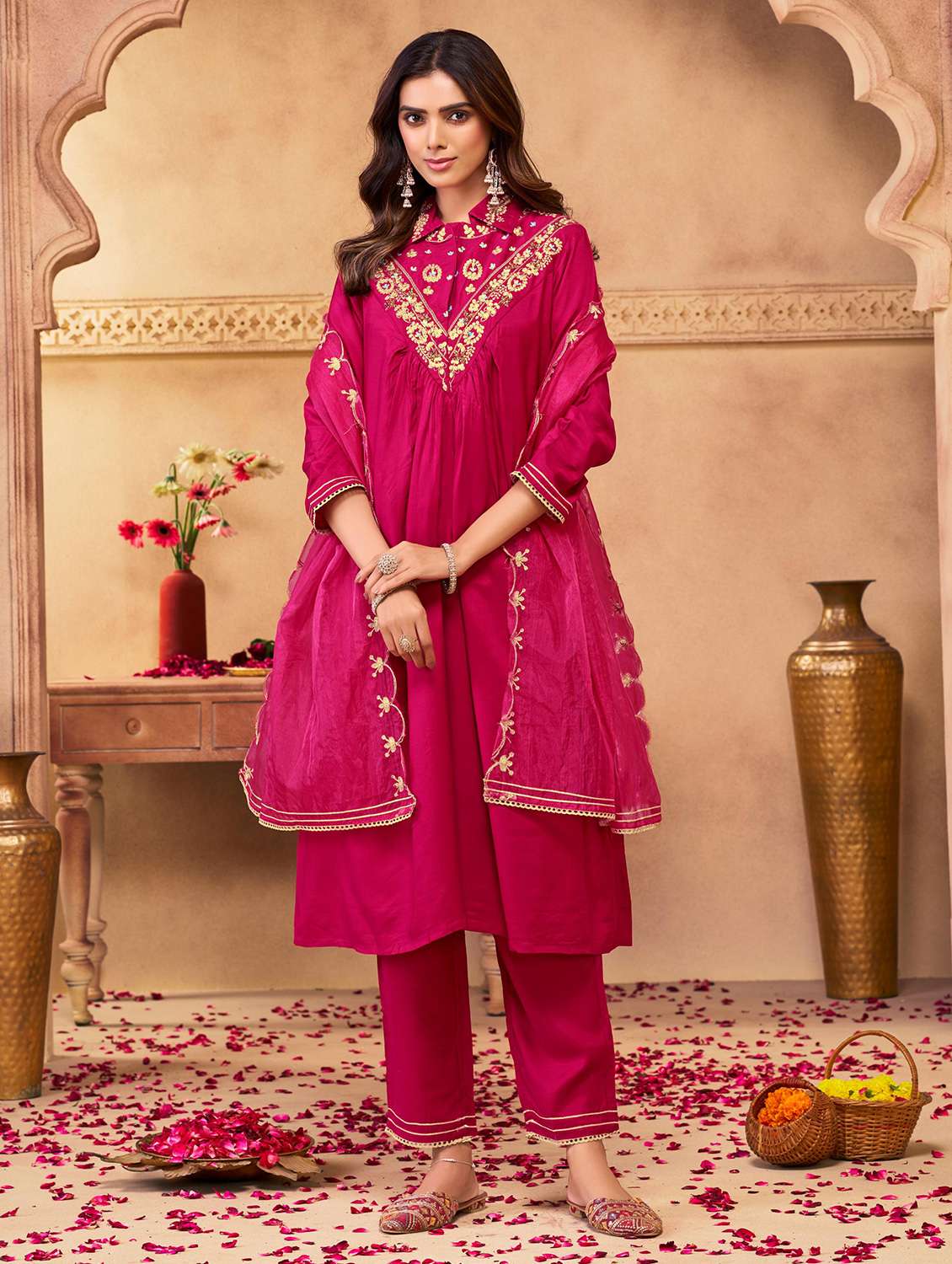 women solid with work three quarter sleeve kurta pant with dupatta set