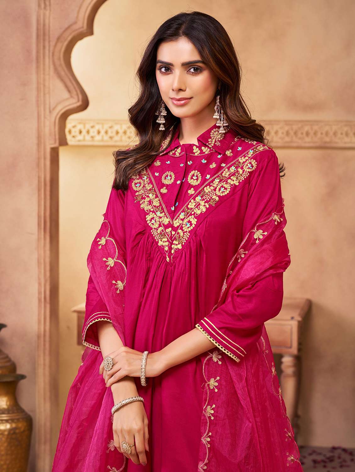 women solid with work three quarter sleeve kurta pant with dupatta set - 22286516 -  Standard Image - 3