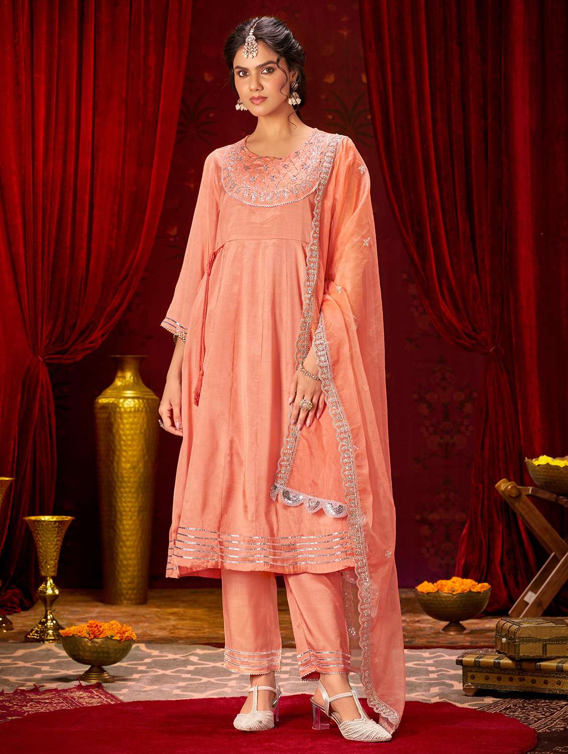 women solid with work three quarter sleeve kurta pant with dupatta set