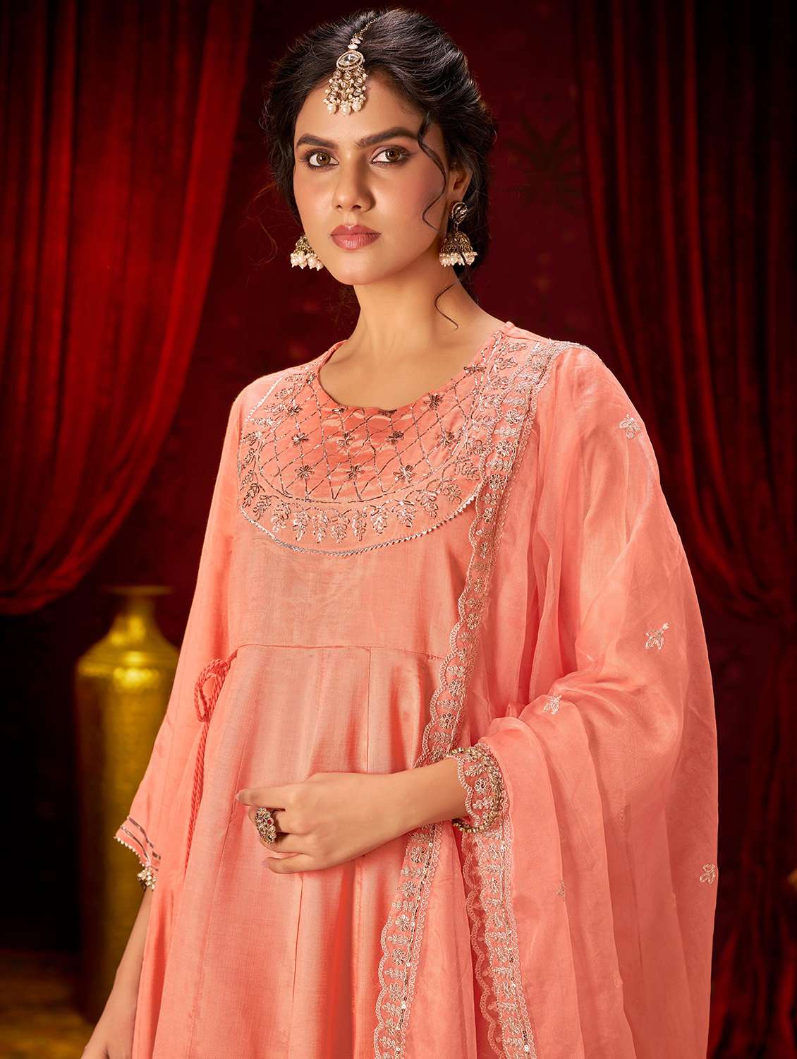 women solid with work three quarter sleeve kurta pant with dupatta set - 22286518 -  Standard Image - 3