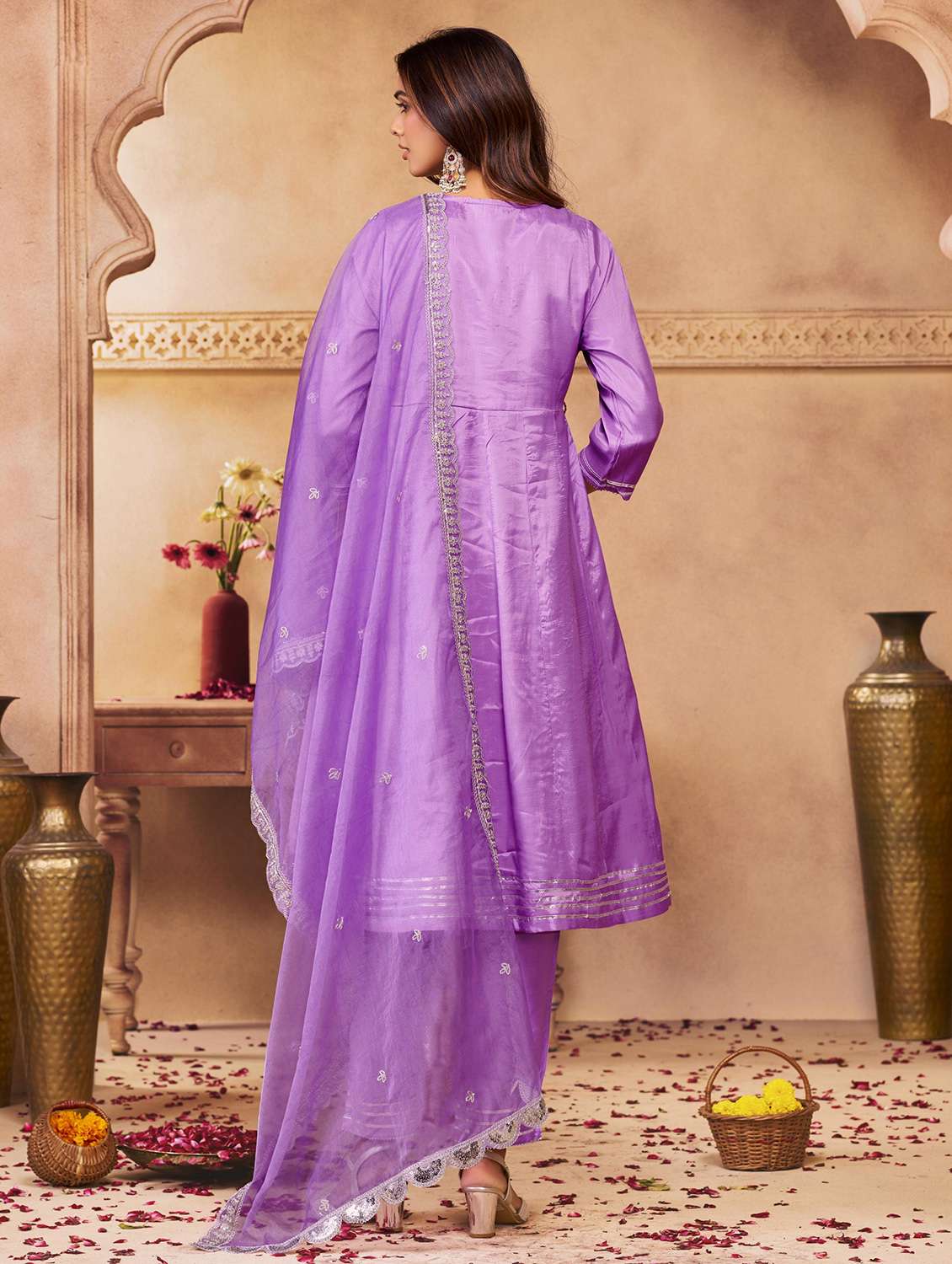 women solid with work three quarter sleeve kurta pant with dupatta set - 22286519 -  Standard Image - 3