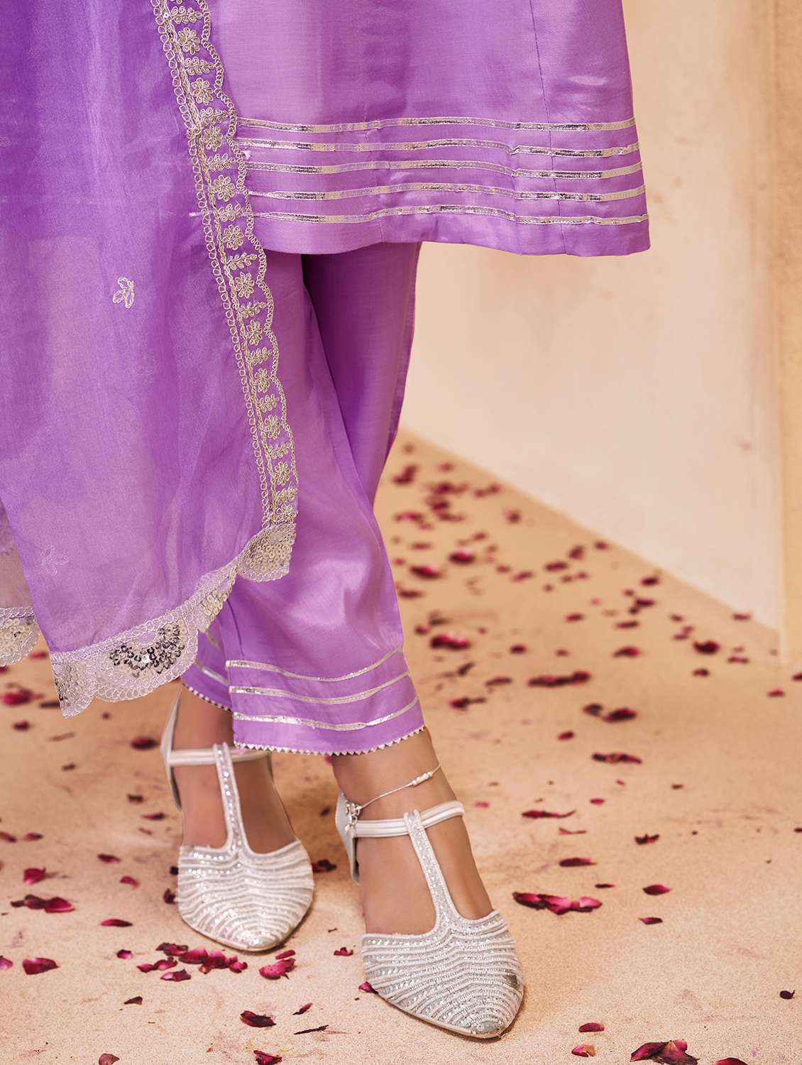 women solid with work three quarter sleeve kurta pant with dupatta set - 22286519 -  Standard Image - 5