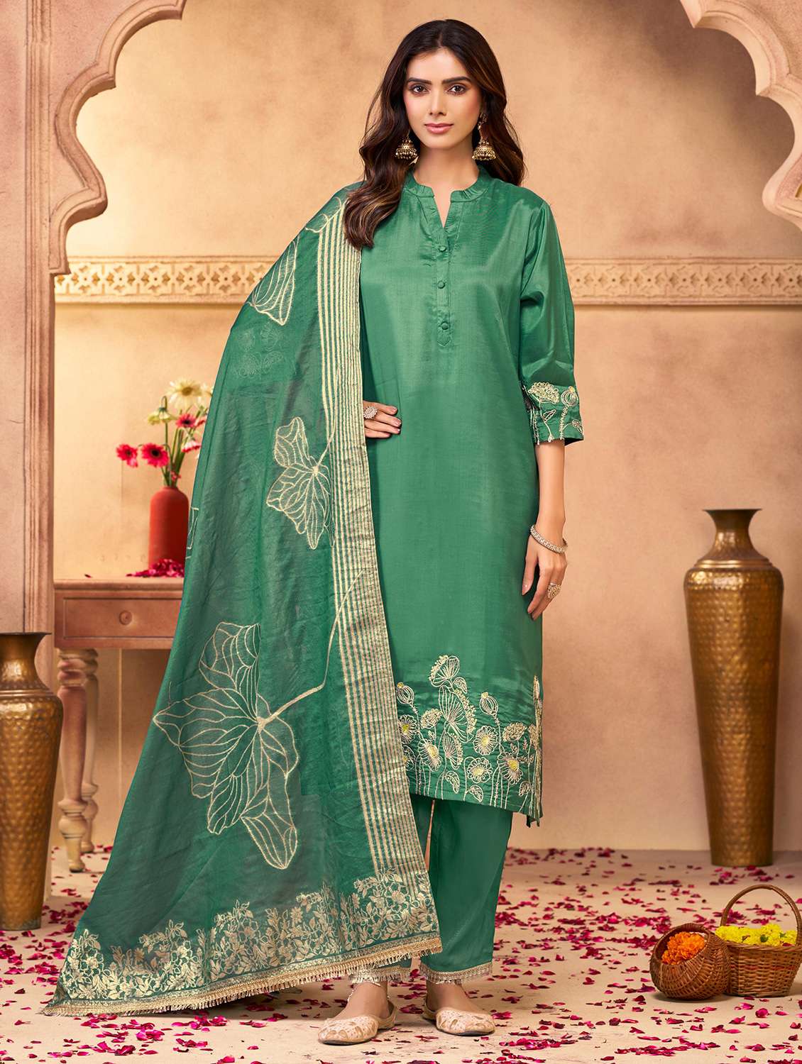 women solid with work three quarter sleeve kurta pant with dupatta set