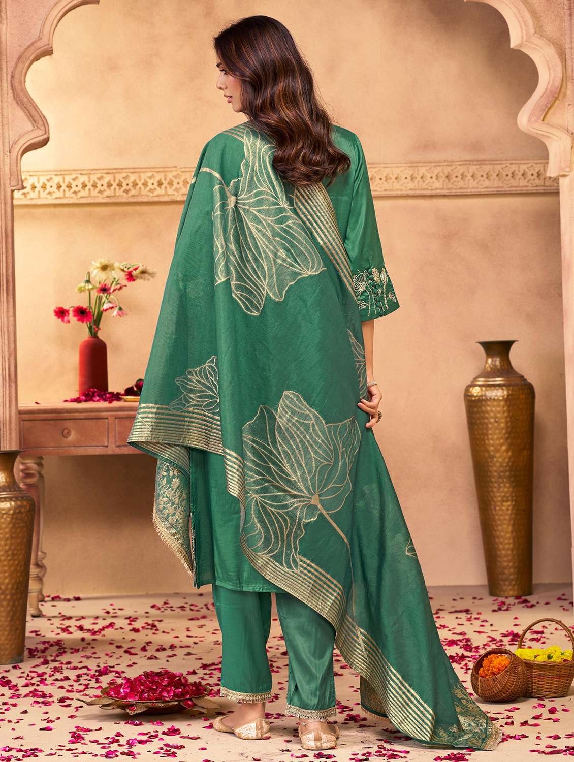 women solid with work three quarter sleeve kurta pant with dupatta set - 22286520 -  Standard Image - 3