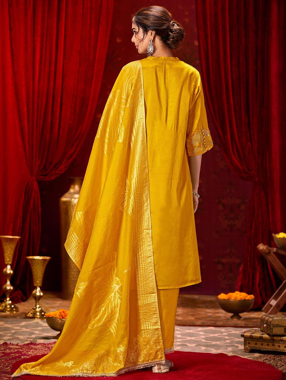 women solid with work three quarter sleeve kurta pant with dupatta set - 22286521 -  Standard Image - 3