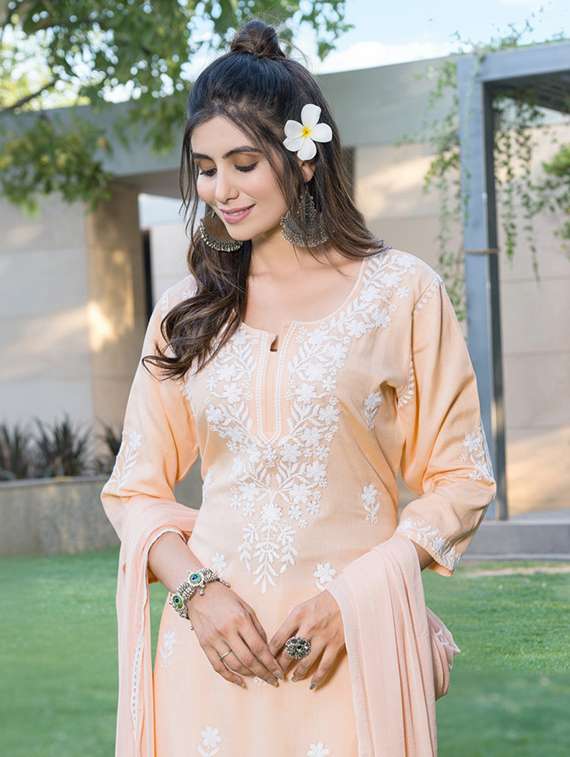 women solid with work three quarter sleeve kurta palazzo with dupatta set - 22286524 -  Standard Image - 5