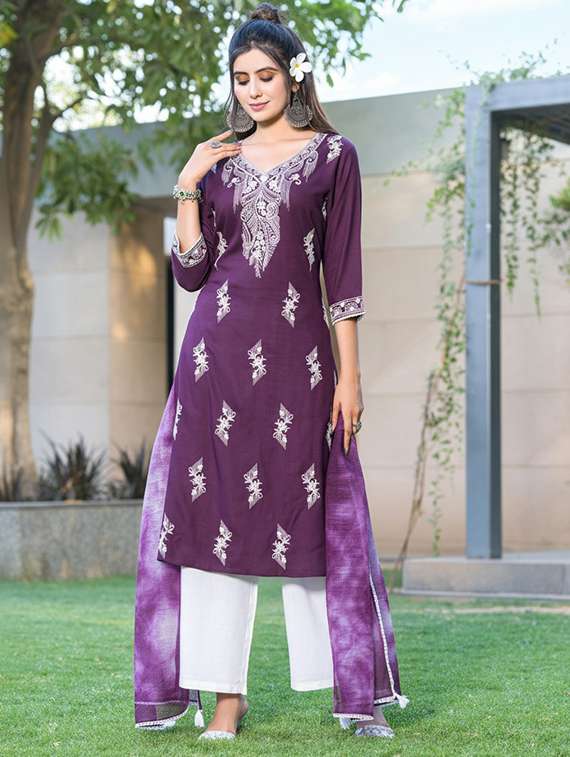 women solid with work three quarter sleeve kurta palazzo with dupatta set