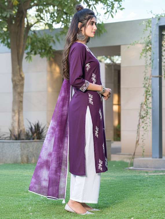 women solid with work three quarter sleeve kurta palazzo with dupatta set - 22286526 -  Standard Image - 3