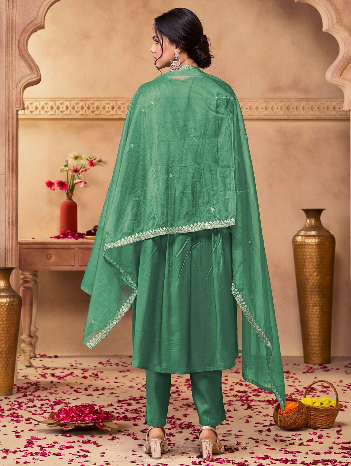 women solid with work three quarter sleeve kurta pant with dupatta set - 22286528 -  Standard Image - 3