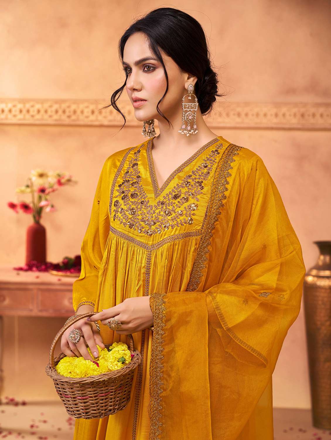 women solid with work three quarter sleeve kurta pant with dupatta set - 22286529 -  Standard Image - 3