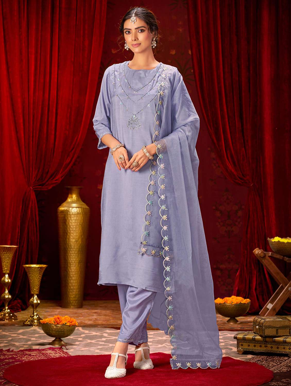 women solid with work three quarter sleeve kurta pant with dupatta set