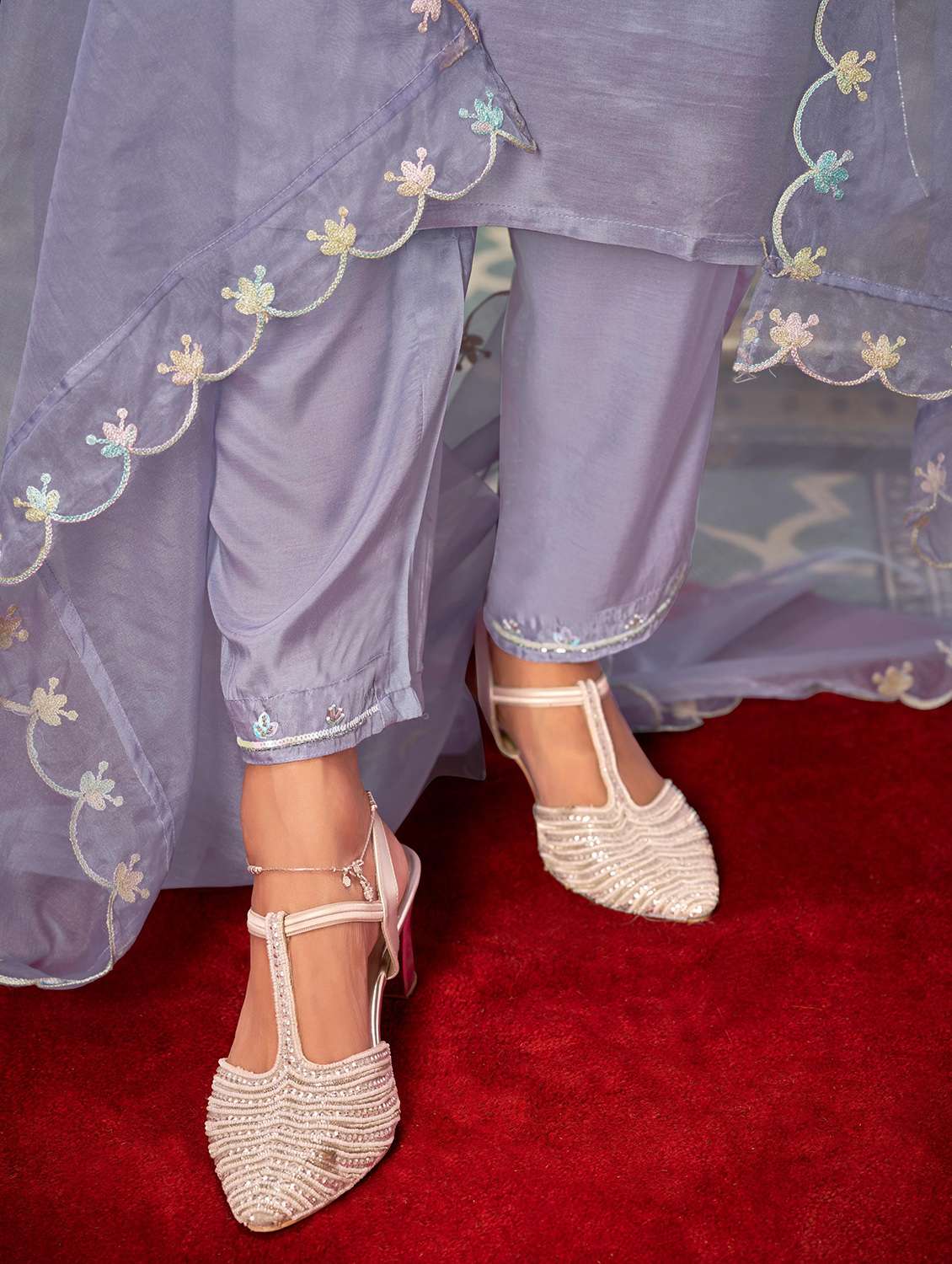 women solid with work three quarter sleeve kurta pant with dupatta set - 22286532 -  Standard Image - 5