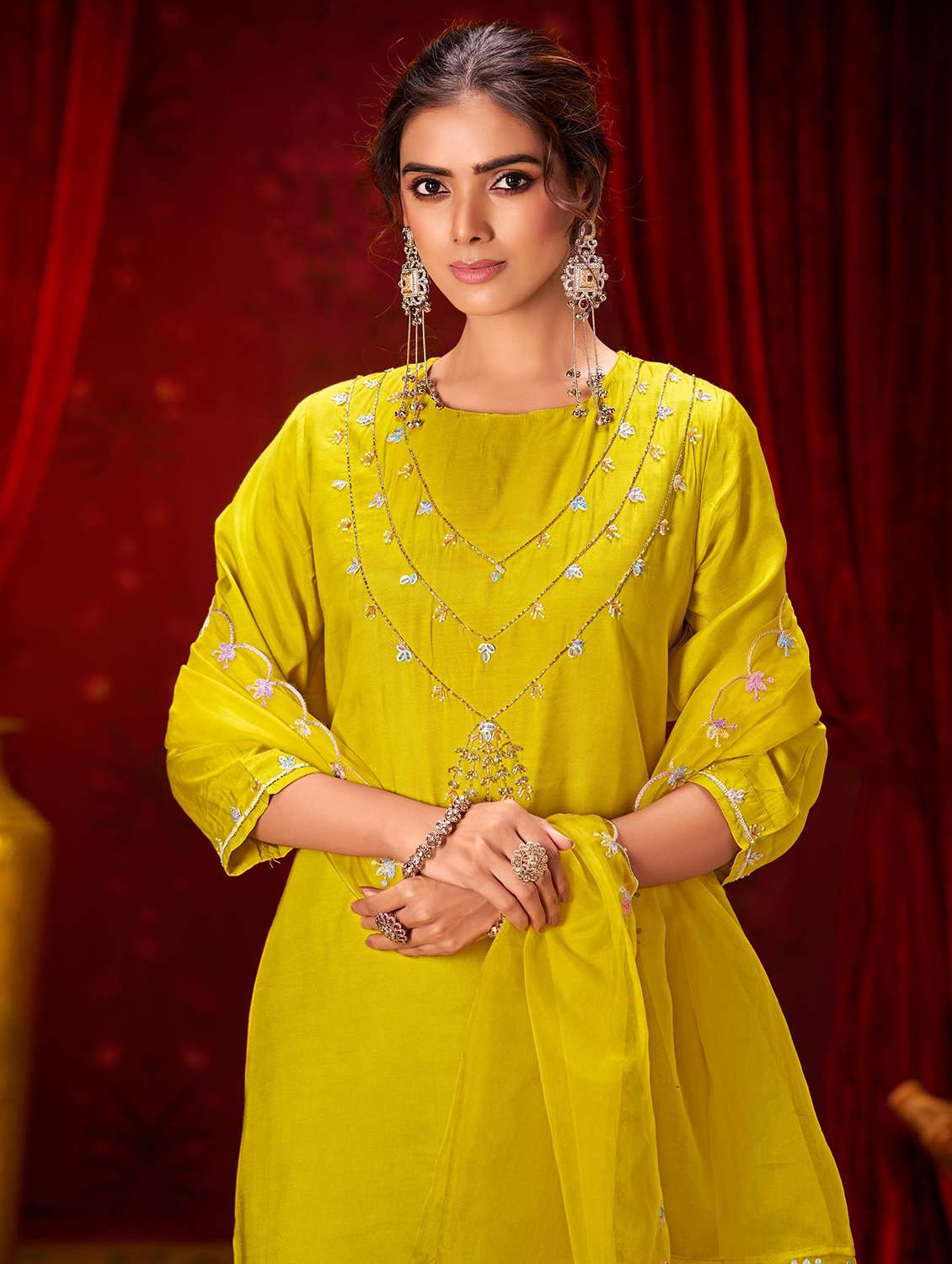 women solid with work three quarter sleeve kurta pant with dupatta set - 22286533 -  Standard Image - 3