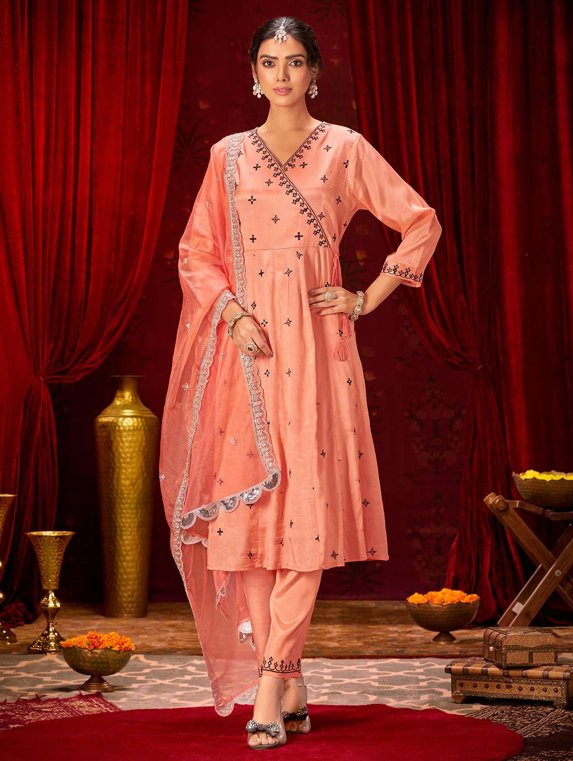 women solid with work three quarter sleeve kurta pant with dupatta set