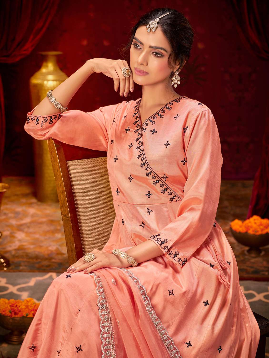 women solid with work three quarter sleeve kurta pant with dupatta set - 22286534 -  Standard Image - 3