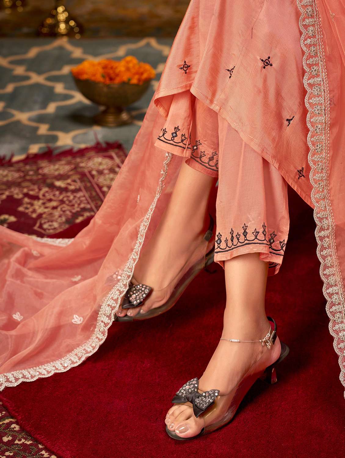 women solid with work three quarter sleeve kurta pant with dupatta set - 22286534 -  Standard Image - 5