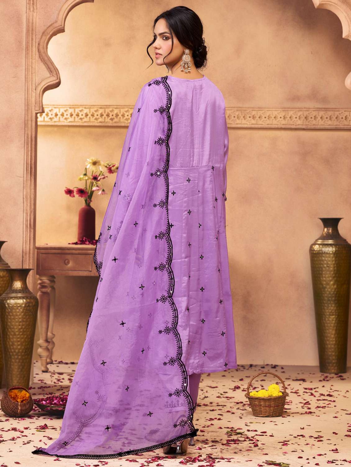 women solid with work three quarter sleeve kurta pant with dupatta set - 22286535 -  Standard Image - 3