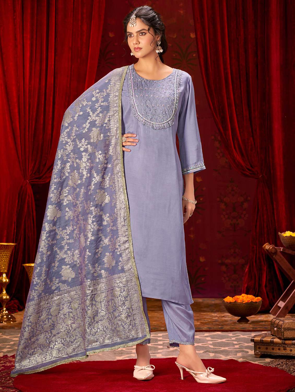 women solid with work three quarter sleeve kurta pant with dupatta set