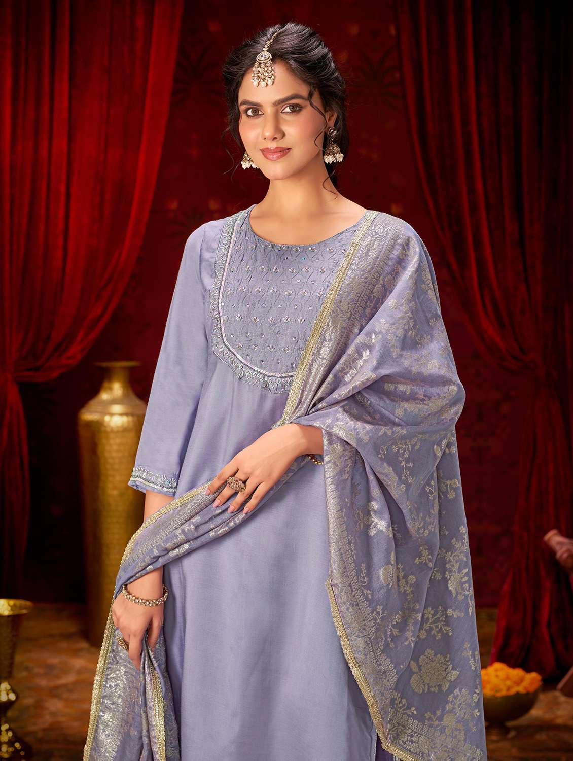 women solid with work three quarter sleeve kurta pant with dupatta set - 22286536 -  Standard Image - 3